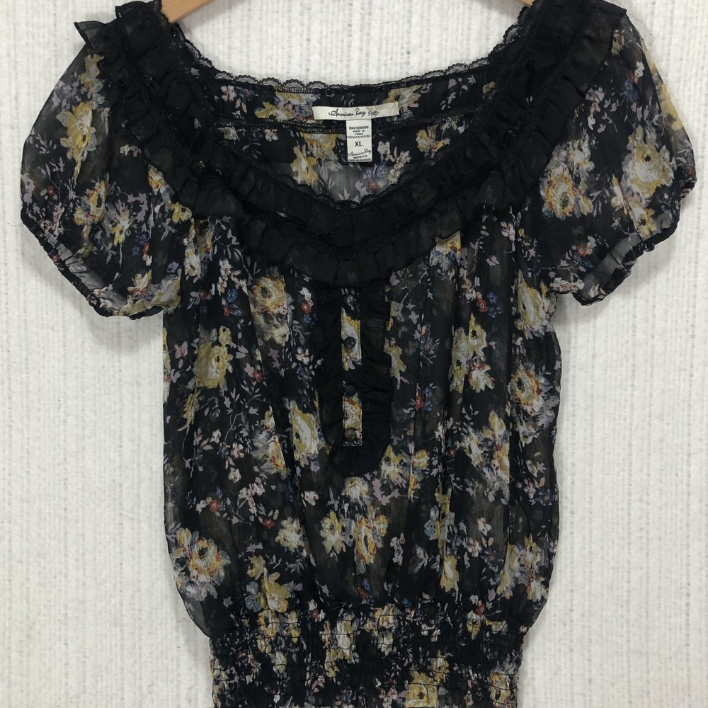 American Rag Floral Ruffle Smocked Blouse Black Sheer XL Short Sleeve Top